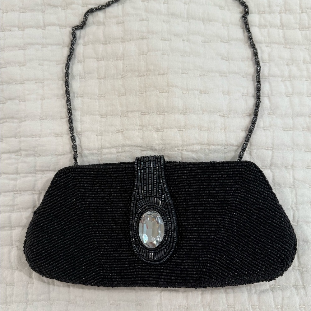 Kate Landry Black Beaded Clutch with Crystal Accent